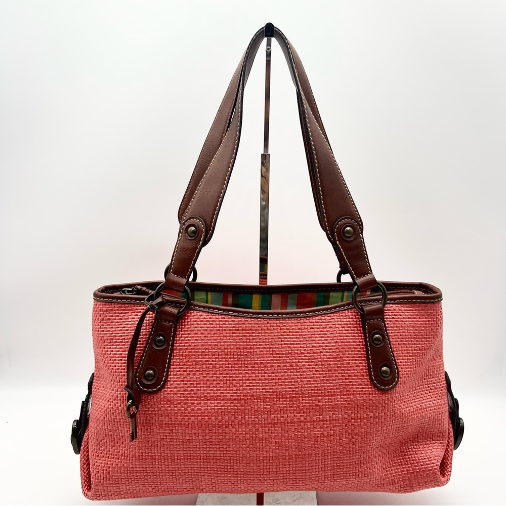 FOSSIL Woven Shoulder Handbag Purse Leather Strap Zip Closure Salmon Color